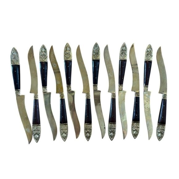 VTG Steak Knife 12 Set Rosewood Rivet Brass/Bronze Thailand Flatware 1960’s MCM - Picture 1 of 2